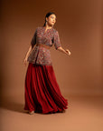Red Embroidered Ajarkh Peplum Top With Flare Pants And Embroidered Waistbelt