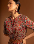 Red Embroidered Ajarkh Peplum Top With Flare Pants And Embroidered Waistbelt
