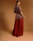 Red Embroidered Ajarkh Peplum Top With Flare Pants And Embroidered Waistbelt