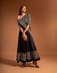 Black Fully Embroidered One Off Shoulder Ajrakh Anarkali