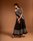 Black Fully Embroidered One Off Shoulder Ajrakh Anarkali