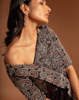 Black Fully Embroidered One Off Shoulder Ajrakh Anarkali