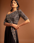 Black Fully Embroidered One Off Shoulder Ajrakh Anarkali