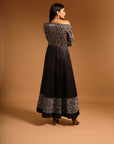 Black Fully Embroidered One Off Shoulder Ajrakh Anarkali