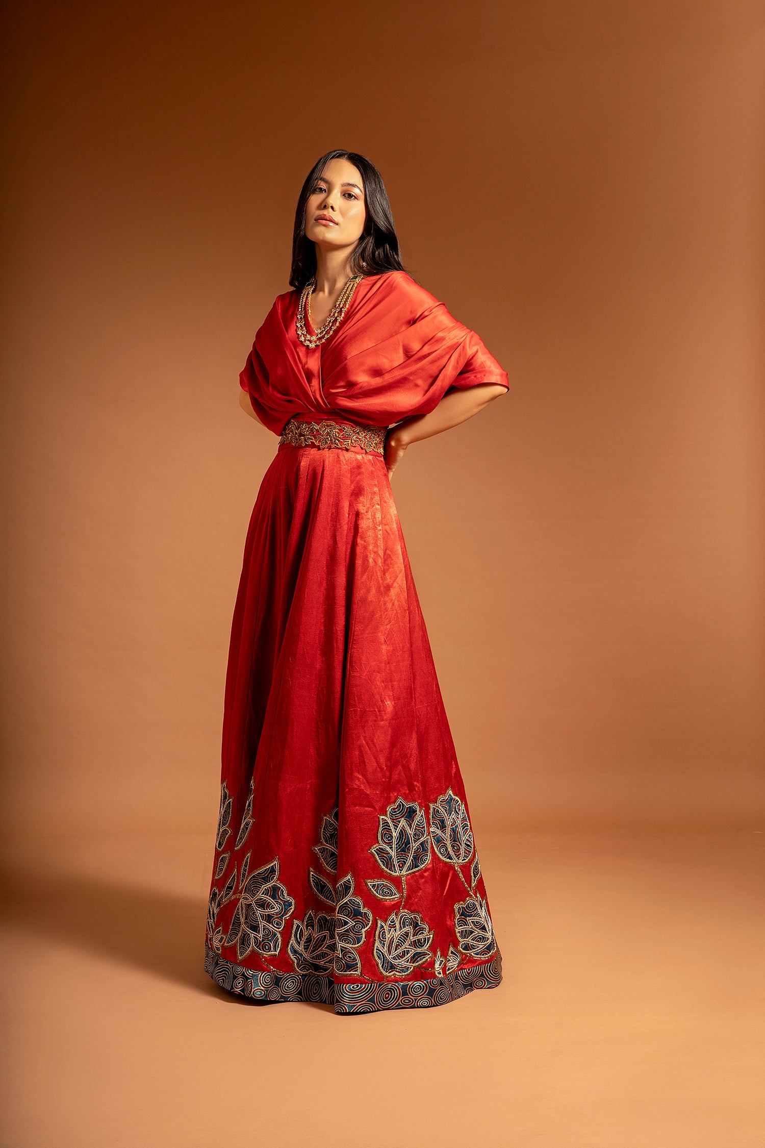 Red Ajrakh Embroidered Gown