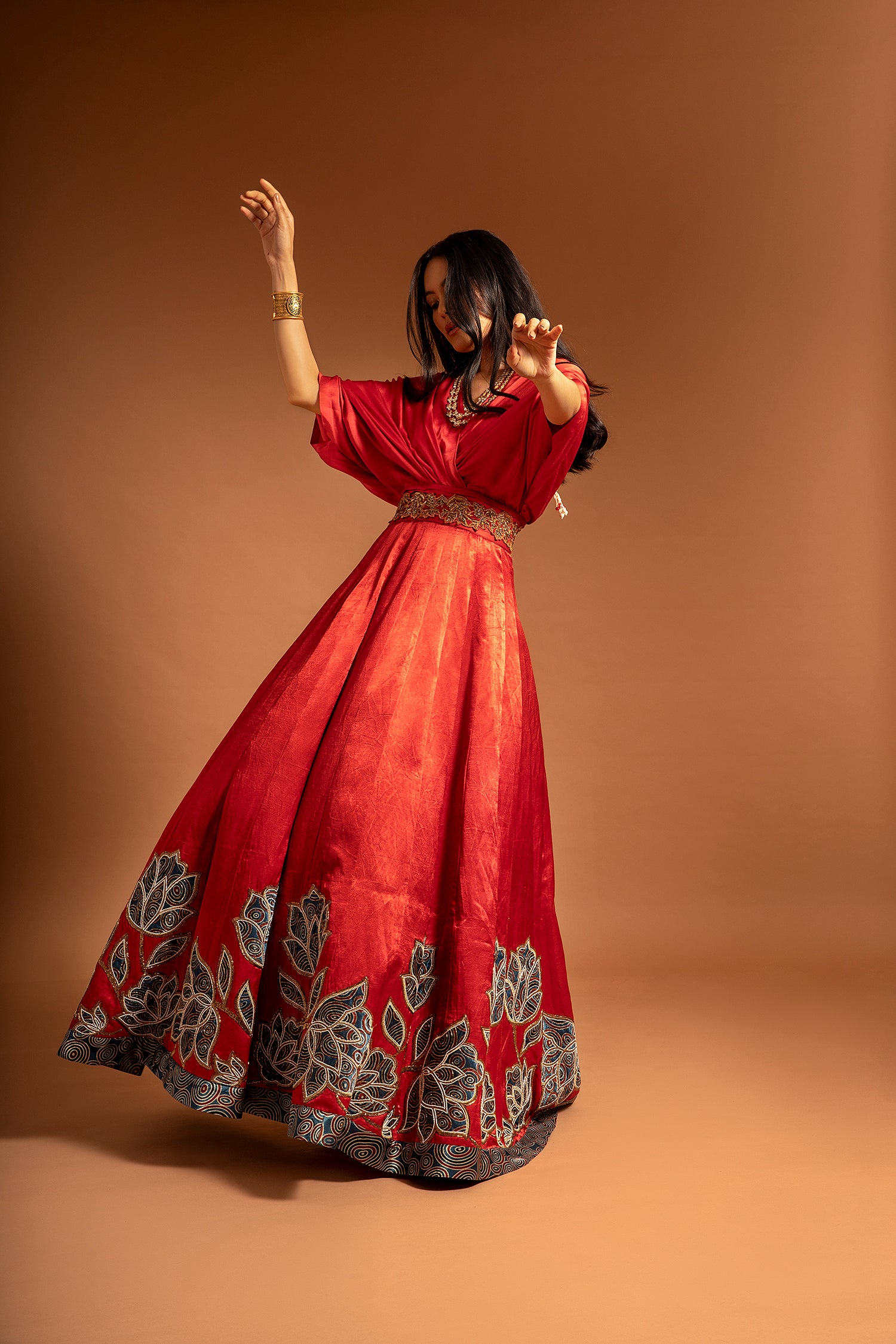 Red Ajrakh Embroidered Gown