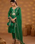 Green Silk Embroidered Kurta Set With Dupatta