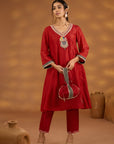 Red Silk Embroidered Kurta Set With Dupatta