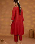 Red Silk Embroidered Kurta Set With Dupatta