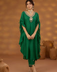 Green Embroidered Kurta Set In Silk