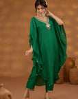 Green Embroidered Kurta Set In Silk