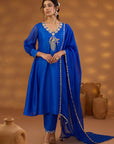 Blue Silk Embroidered Kurta Set With Dupatta