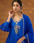Blue Silk Embroidered Kurta Set With Dupatta