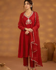 Red Silk Embroidered Kurta Set With Dupatta