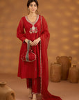 Red Silk Embroidered Kurta Set With Dupatta