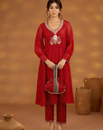 Red Silk Embroidered Kurta Set With Dupatta