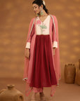 Red And Pink Color Block Embroidered Kurta Set