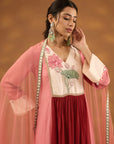 Red And Pink Color Block Embroidered Kurta Set
