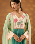 Green Colorblock Embroidered Kurta Set With Dupatta