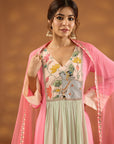 Pink And Aqua Colorblock Embroidered Kurta Set