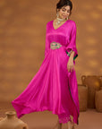 Pink Chiffon Satin Embroidered Drape Kurta Set