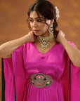 Pink Chiffon Satin Embroidered Drape Kurta Set
