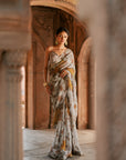 Grey Floral Embroidered Saree Set