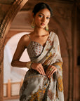 Grey Floral Embroidered Saree Set