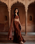 Brown Embroidered Drape Top And Skirt Set