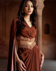 Brown Embroidered Drape Top And Skirt Set