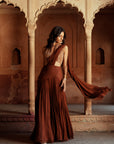 Brown Embroidered Pre Stitch Drape Saree Set