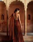 Brown Embroidered Pre Stitch Drape Saree Set