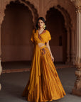 Golden Yellow Printed And Embroidered Silk Lehenga Set