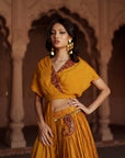 Golden Yellow Printed And Embroidered Silk Lehenga Set