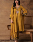 Golden Yellow Silk Embroidered Kurta Set