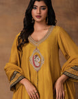 Golden Yellow Silk Embroidered Kurta Set
