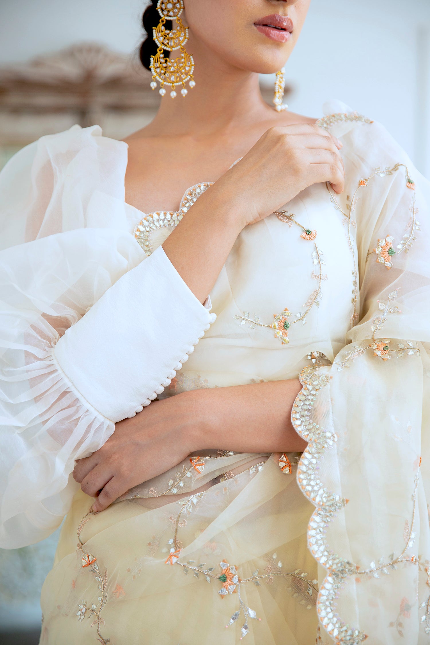 Ivory Hand Embroidered Jaal Saree Set