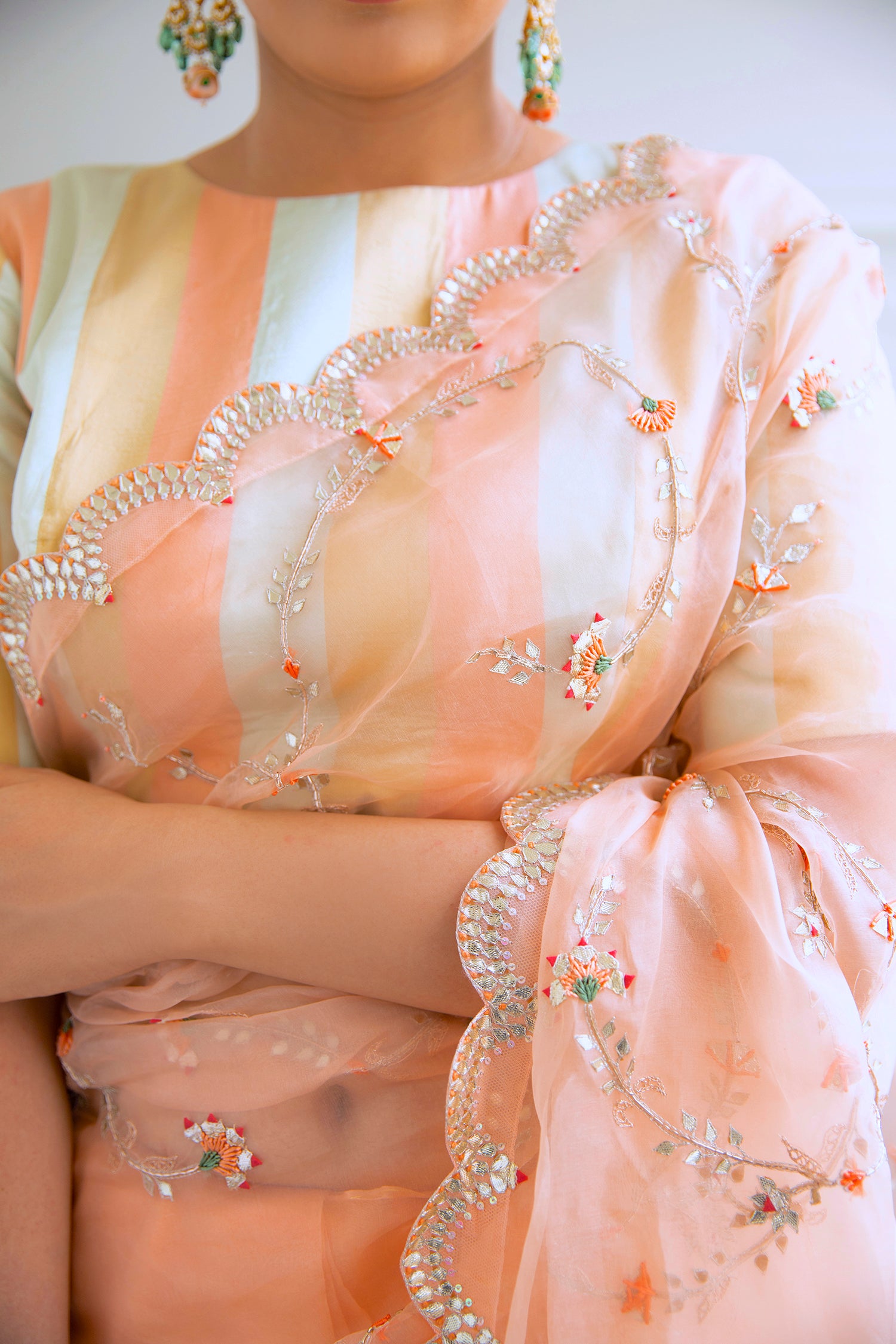 Peach Hand Embroidered Jaal Saree Set