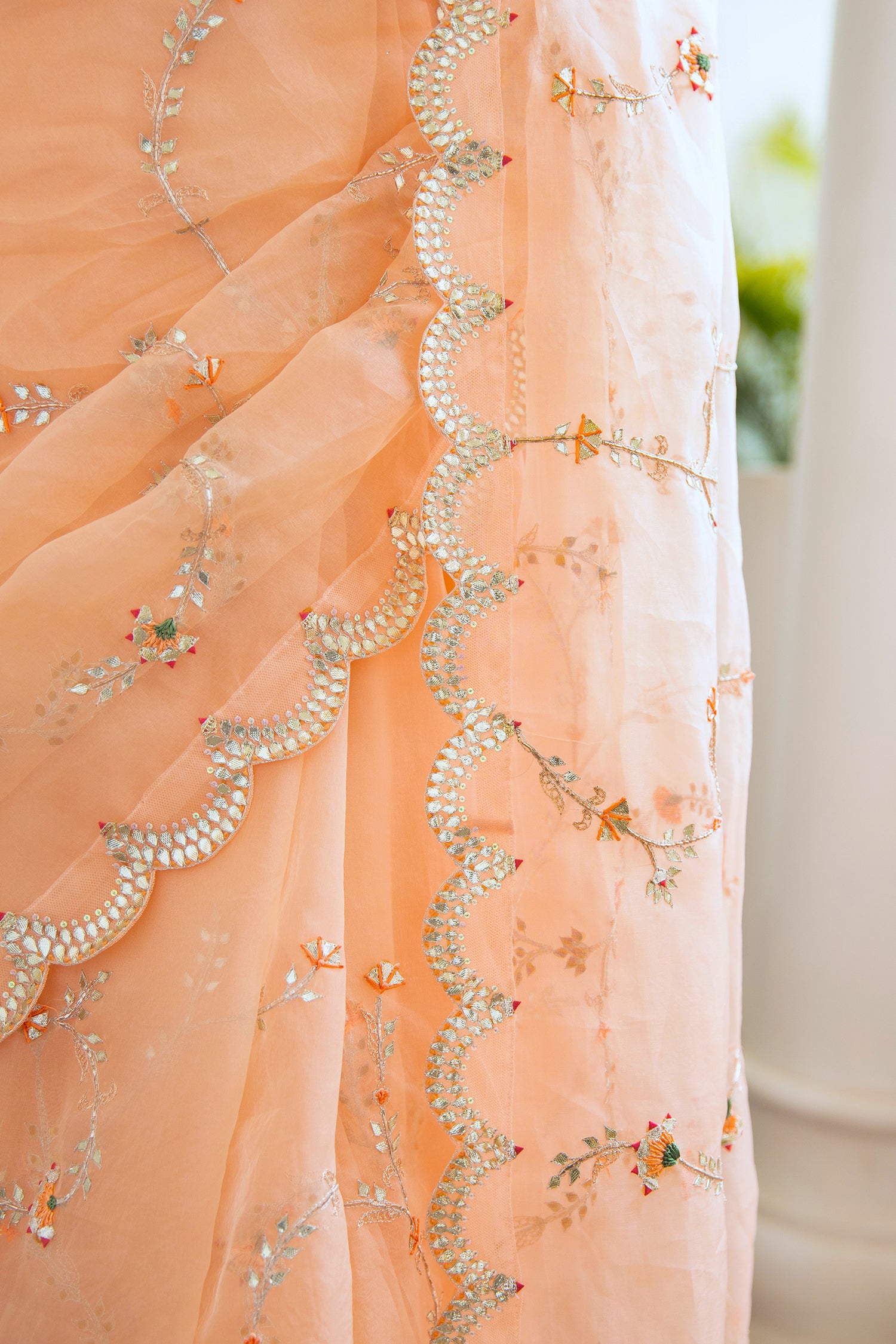 Peach Hand Embroidered Jaal Saree Set