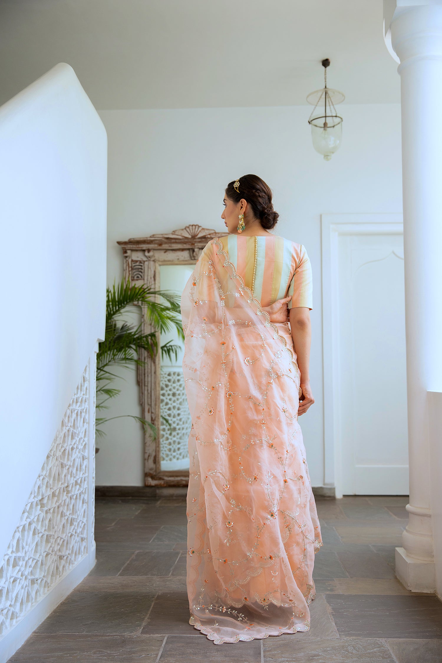 Peach Hand Embroidered Jaal Saree Set
