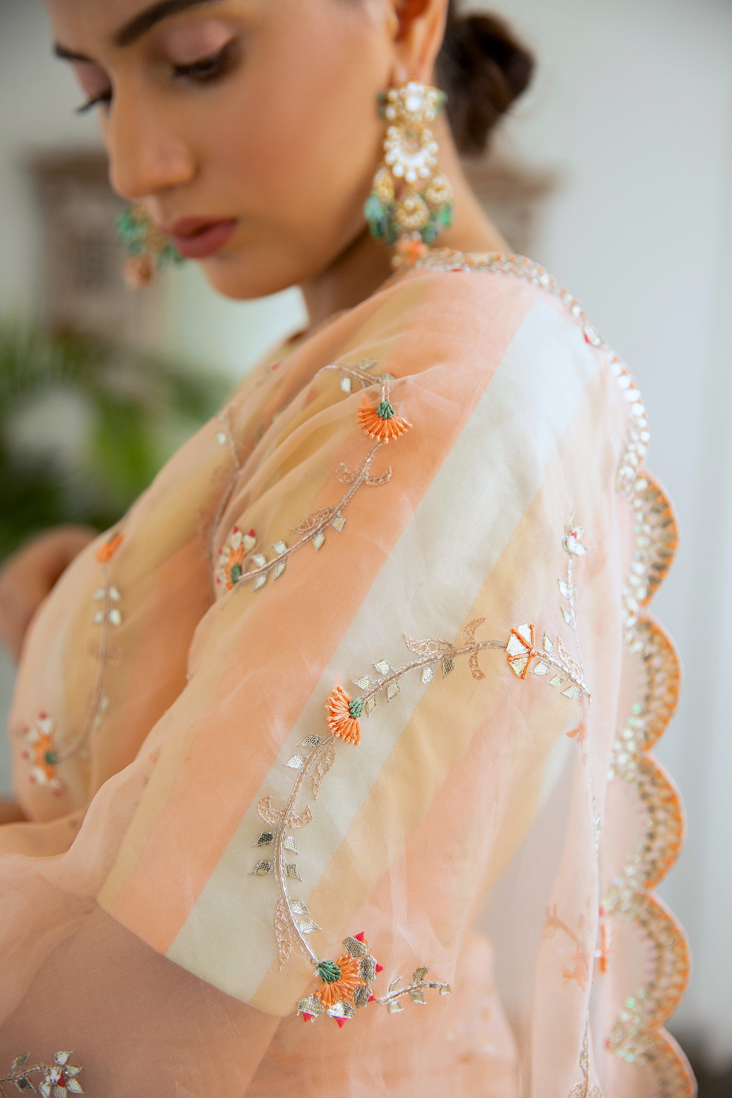 Peach Hand Embroidered Jaal Saree Set
