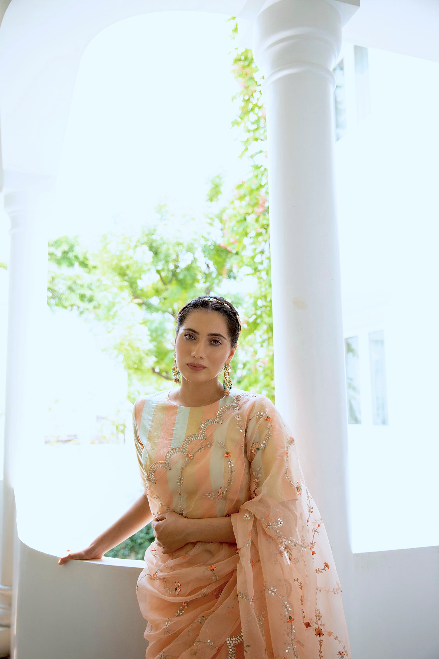 Peach Hand Embroidered Jaal Saree Set