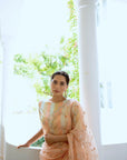 Peach Hand Embroidered Jaal Saree Set