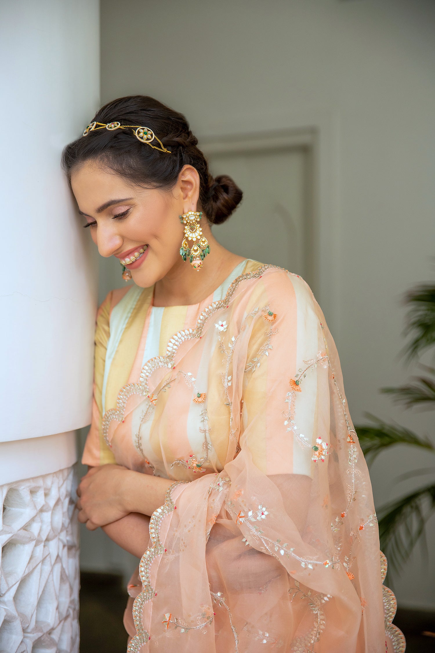 Peach Hand Embroidered Jaal Saree Set