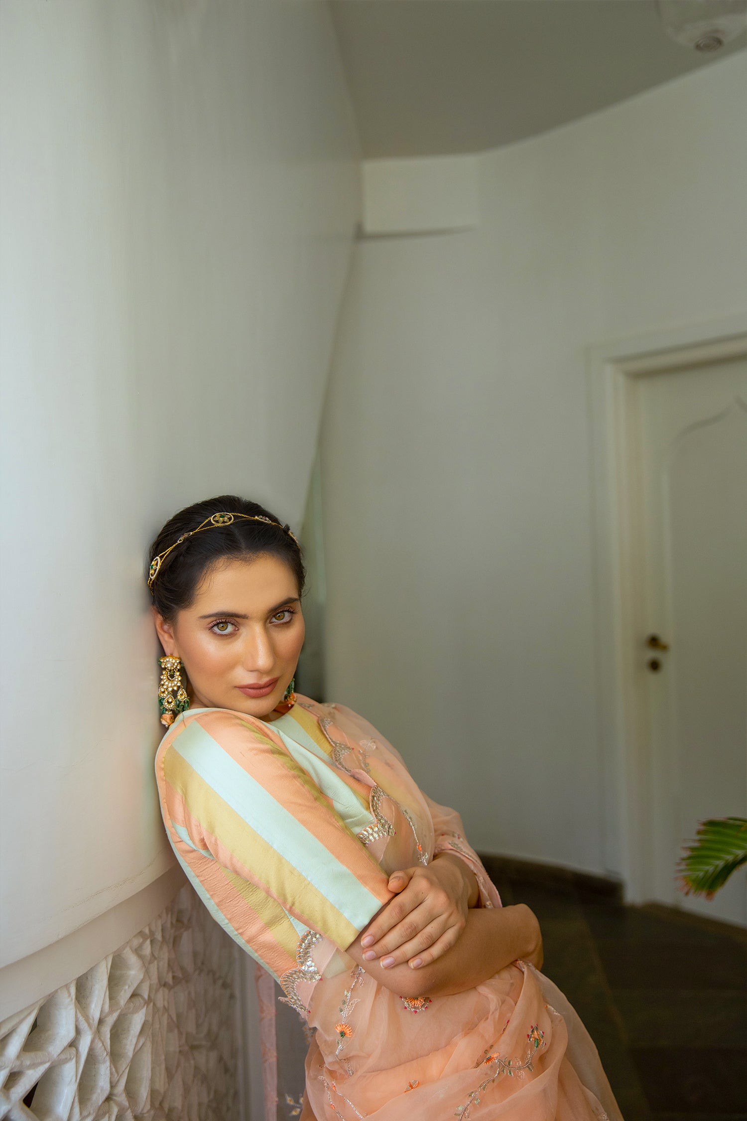 Peach Hand Embroidered Jaal Saree Set