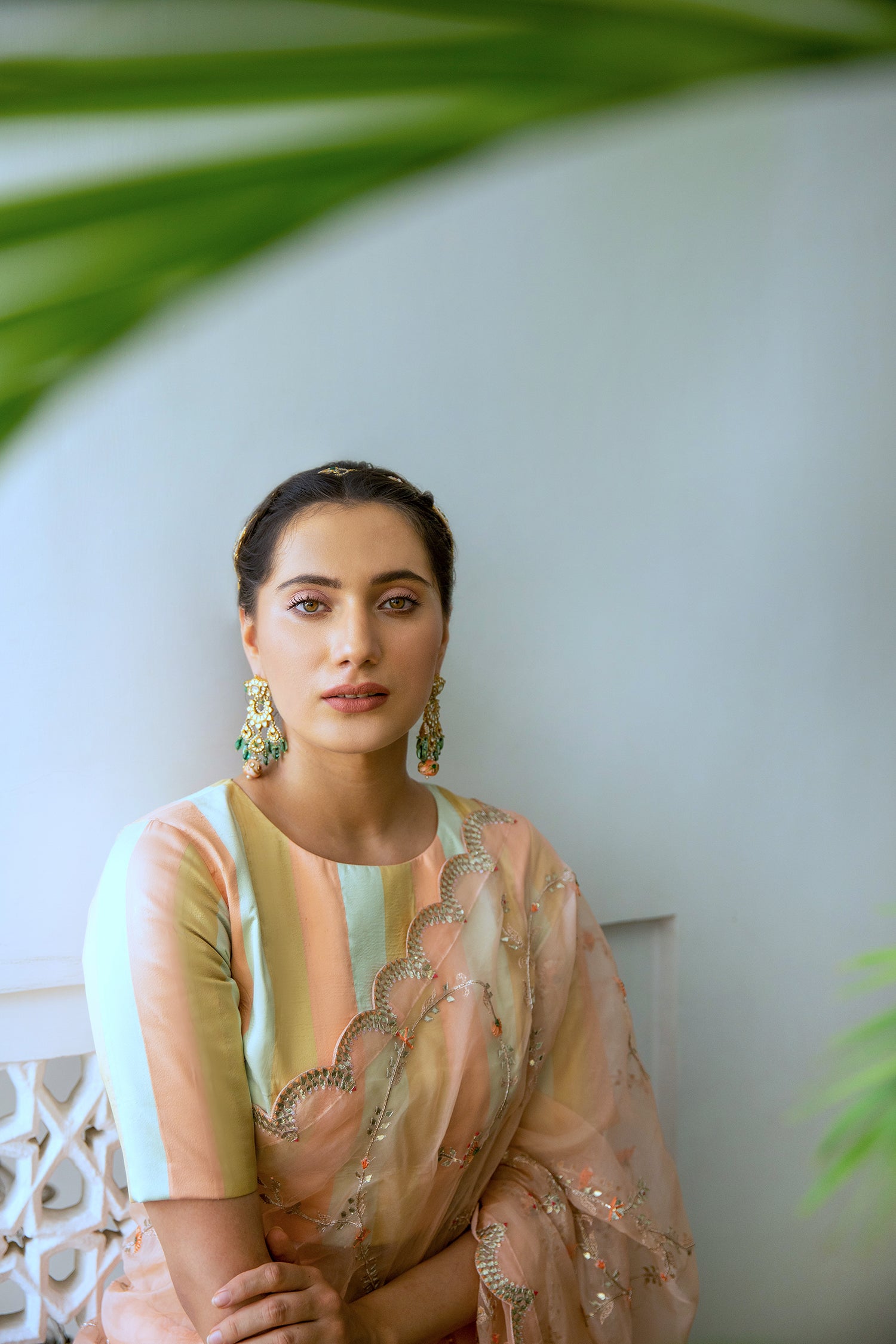 Peach Hand Embroidered Jaal Saree Set