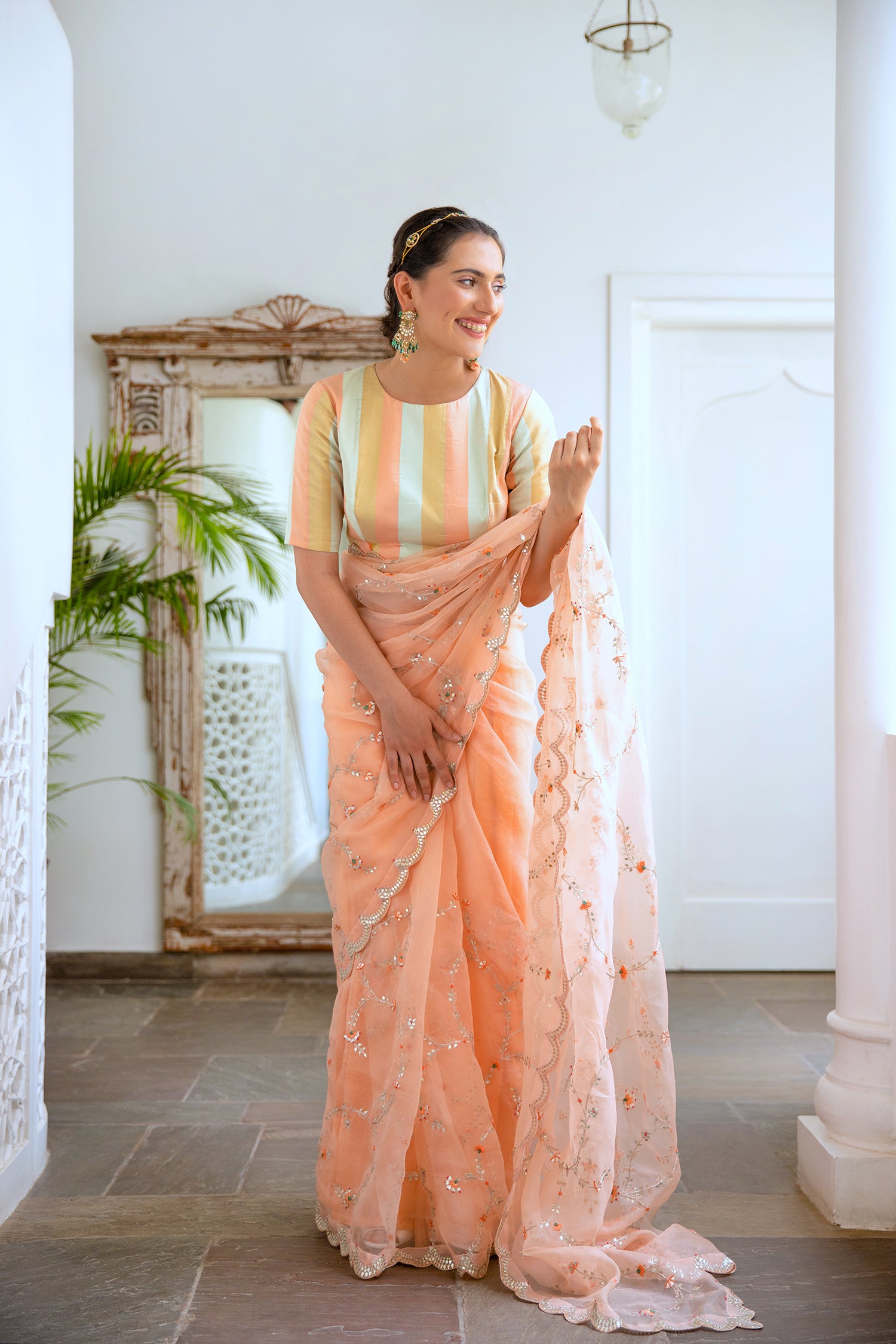 Peach Hand Embroidered Jaal Saree Set