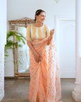 Peach Hand Embroidered Jaal Saree Set
