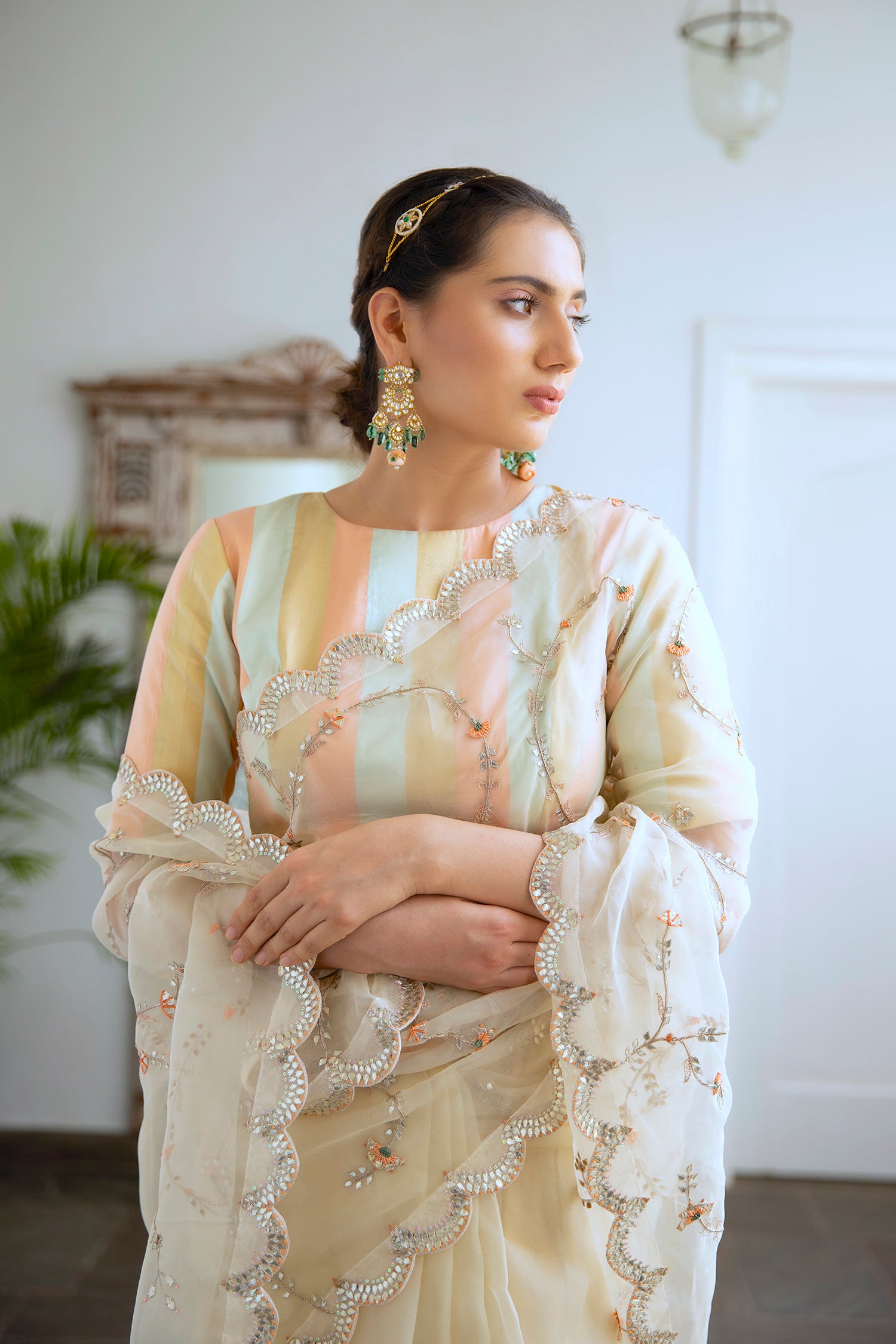 Ivory Hand Embroidered Jaal Saree Set