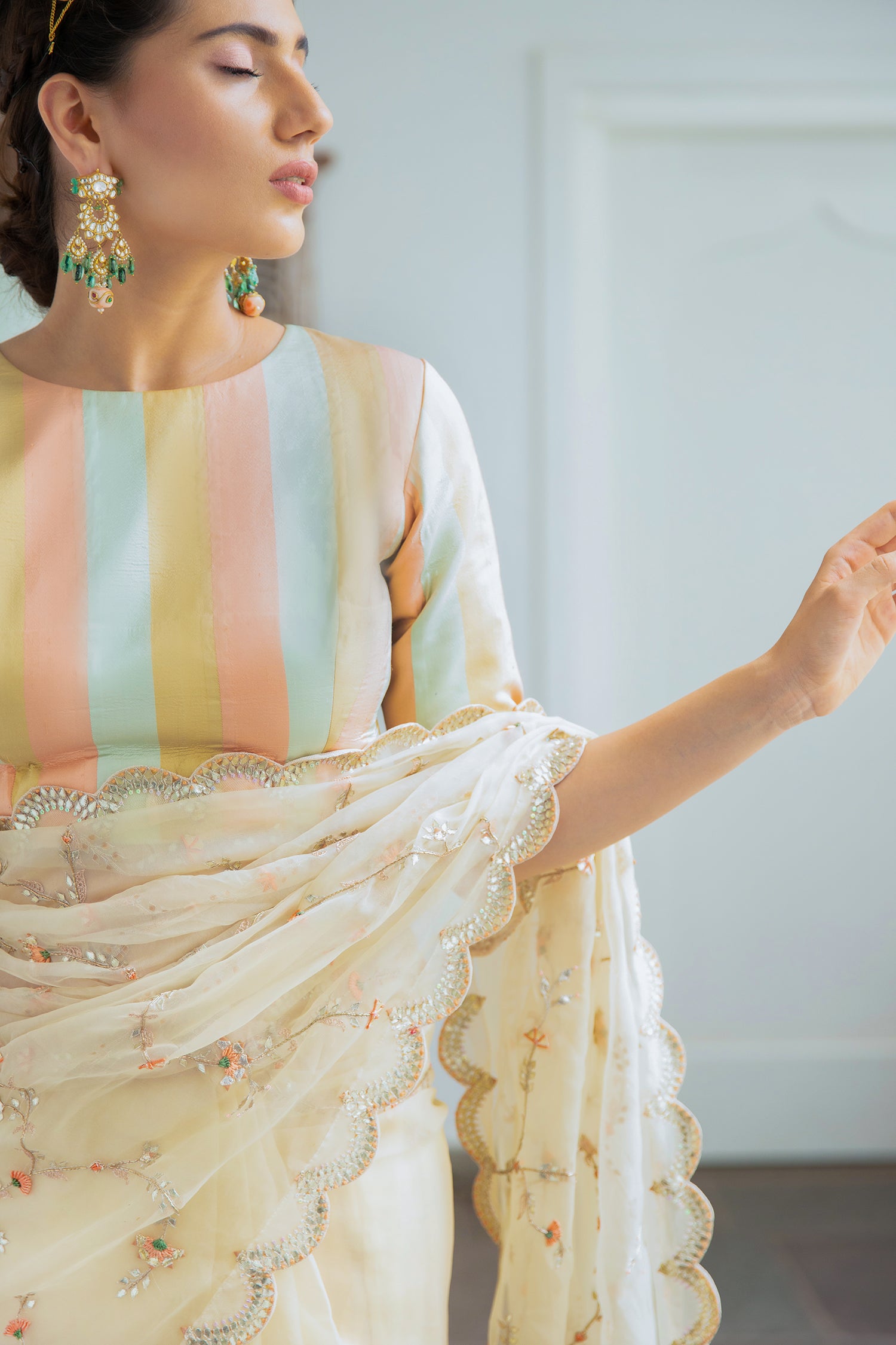 Peach Hand Embroidered Jaal Saree Set